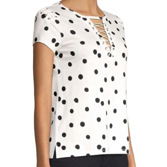 Generation Love Hugo White & Black Polka Dot Lace Up Linen Blend Top, Size M - Picture 2 of 14